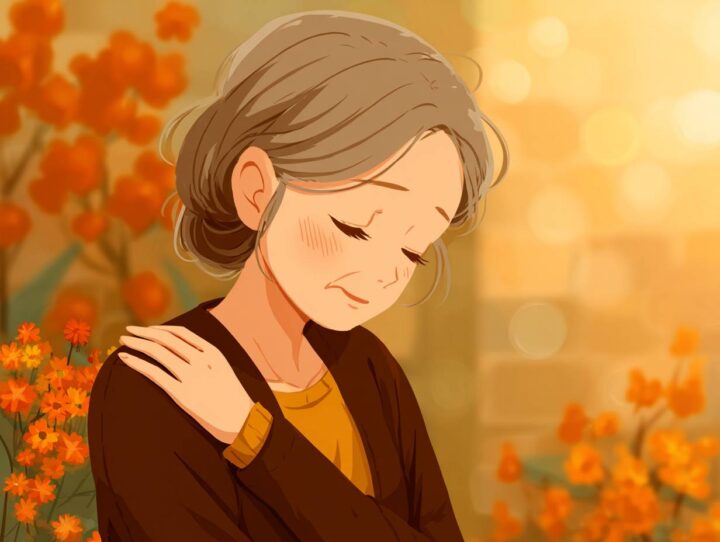 秋の花々に囲まれながら肩の痛みを感じる日本人女性のイラスト。肩こりや疲労による違和感を穏やかに表現