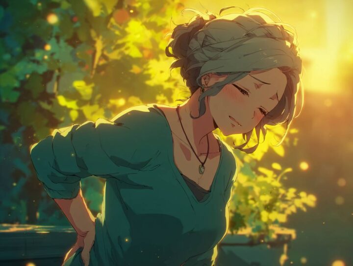 夕暮れの光の中で腰に手を当てて痛みを感じる日本人女性のイラスト。長時間の姿勢や運動不足による腰の不調をイメージ。