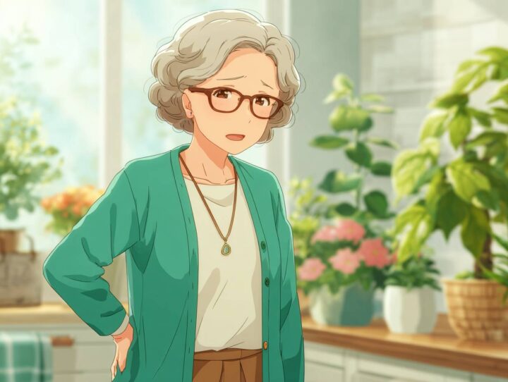 自宅で腰の違和感を気にする50代の日本人女性。植物に囲まれた明るい部屋で、軽い腰痛を感じている様子のイラスト