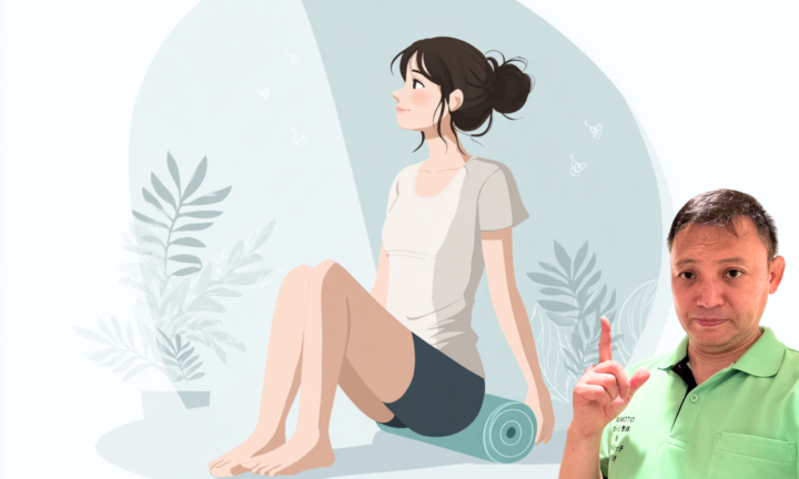 フォームローラーを使って筋膜リリースを行う日本人女性のイラスト。明るい背景の中でリラックスした表情を見せ、セルフケアやストレッチの重要性を伝えている。右側の男性がポイントを説明するように指を立てており、筋膜リリースの正しい方法や整体的視点を示している。