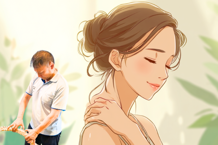 肩や首まわりを整えて胸郭出口症候群を改善する日本人女性のイラスト
