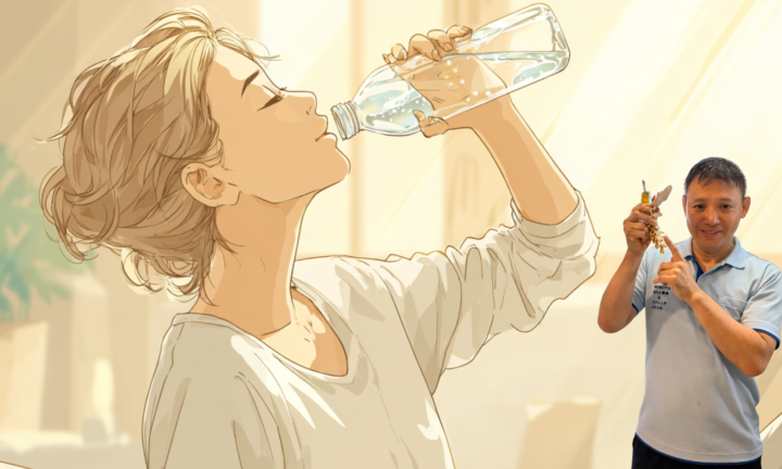 施術後に水分を補給する日本人女性のイラスト。整体やストレッチ後のケアとして、老廃物の排出を促すための水分補給を意識している様子。背景は明るく清潔感のある室内