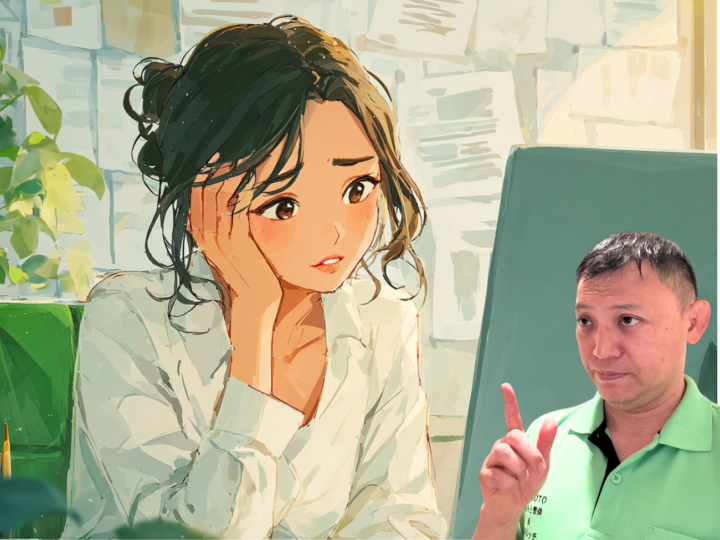 めまいに悩む日本人女性と、それを説明する整体師のイラスト。自律神経の乱れや筋肉の緊張によるめまいを整体でケアするイメージ。背景は明るく、整体院での安心感を表現。