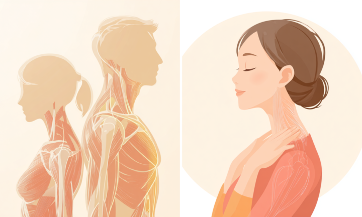 筋膜リリースをイメージしたイラスト。男女の筋肉と筋膜の構造をやわらかいトーンで描き、体を包む筋膜のイメージを表現。右側の女性が首や肩をリラックスさせている様子が、筋膜の働きとリリースの効果をわかりやすく伝えている。