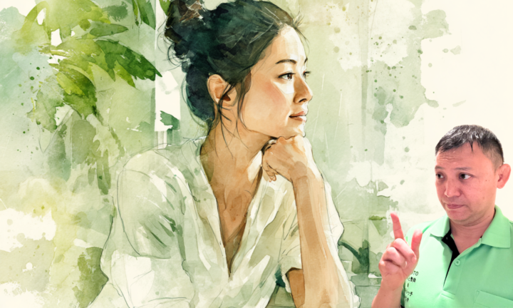 筋膜について考え込む女性と、筋膜リリースの重要性を指摘する整体師。筋膜の正しい理解や体のつながりをテーマにした整体・ストレッチのイメージ
