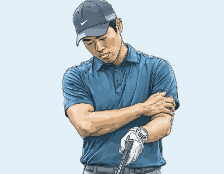 ゴルフ肘で悩む30代プロゴルファー|肘の痛みを抱える男性ゴルファーのイラスト、肘の痛みを痛感している|川崎市ねもと整体&ストレッチスタジオ