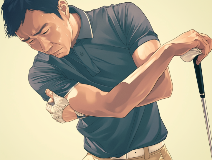 ゴルフ肘で悩む30代プロゴルファー|肘の痛みを抱える男性ゴルファーのイラスト|ねもと整体&ストレッチスタジオ