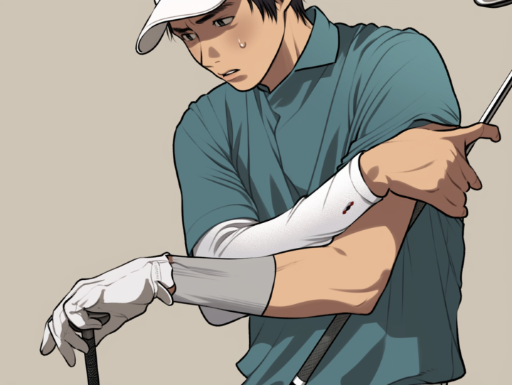 ゴルフ肘で悩む20代プロゴルファー|肘の痛みを抱える男性ゴルファーのイラスト|ねもと整体&ストレッチスタジオ