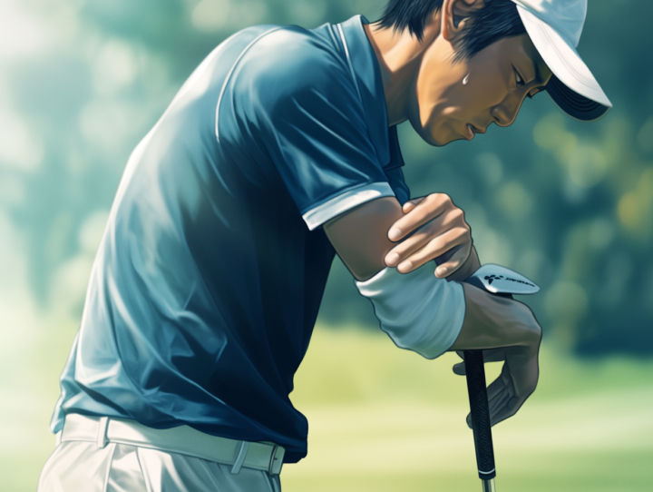 ゴルフ肘で痛そうな30代プロゴルファー|肘の痛みを抱える男性ゴルファーのイラスト|ねもと整体&ストレッチスタジオ