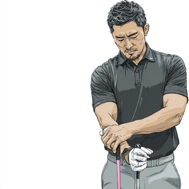 ゴルフ肘で悩む30代プロゴルファー|肘の痛みを抱える男性ゴルファーのイラスト 肘を抑えて整体を受けることを検討している|ねもと整体&ストレッチスタジオ