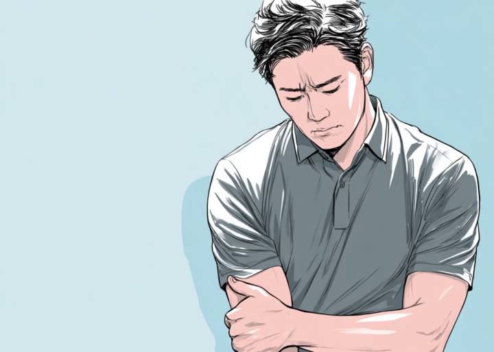 ゴルフ肘で悩む30代プロゴルファー|肘の痛みを抱える男性ゴルファーのイラスト、整体を受けにいこうと悩んでいる|ねもと整体&ストレッチスタジオ