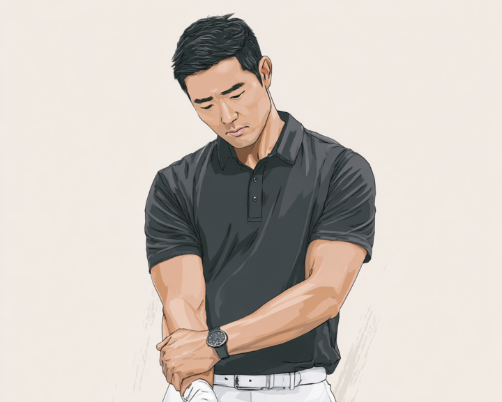 ゴルフ肘で悩む30代プロゴルファー|肘の痛みを抱える男性ゴルファーのイラスト、ゴルフ肘|ねもと整体&ストレッチスタジオ