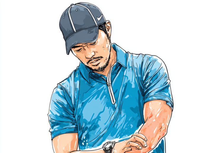 ゴルフ肘で悩む30代プロゴルファー|肘の痛みを抱える男性ゴルファーのイラストゴルフ肘で痛そう|ねもと整体&ストレッチスタジオ