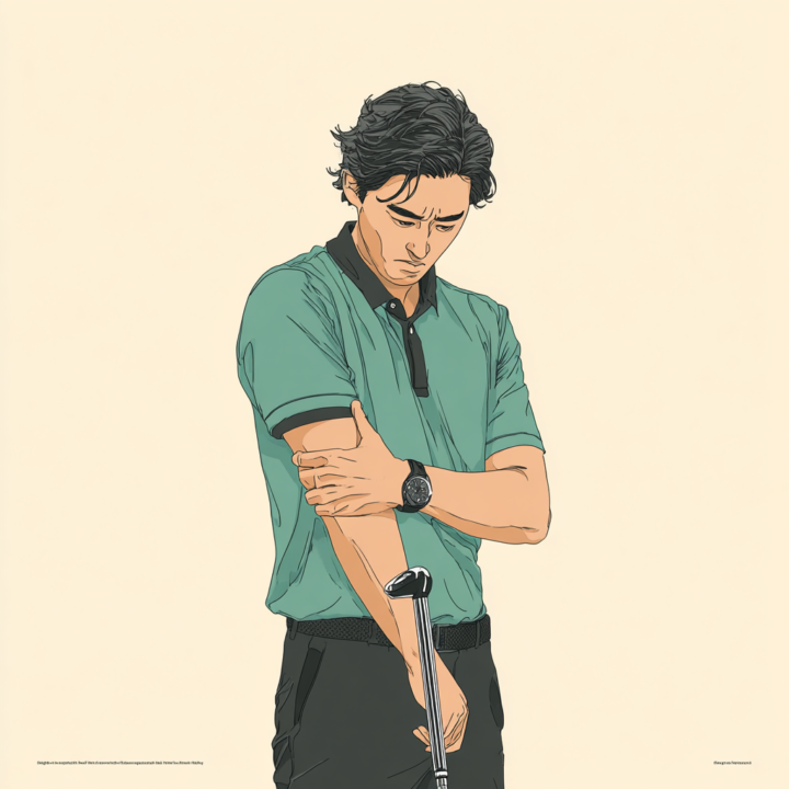 ゴルフ肘で悩む30代プロゴルファー|肘の痛みを抱える男性ゴルファーのイラスト肘を抑えている痛そう|ねもと整体&ストレッチスタジオ