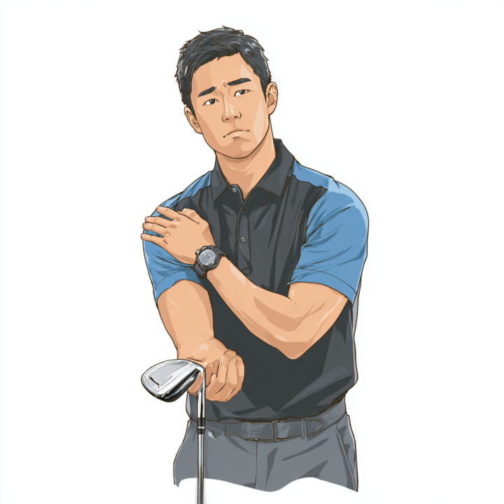 ゴルフ肘で悩む30代プロゴルファー|肘の痛みを抱える男性ゴルファーのイラスト|ねもと整体&ストレッチスタジオ