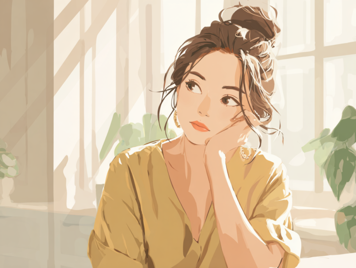 体の不調や違和感を感じ、整体やストレッチでのケアを考えている日本人女性のイラスト。リラックスした日差しの入る室内で、自分の体を見つめ直している様子