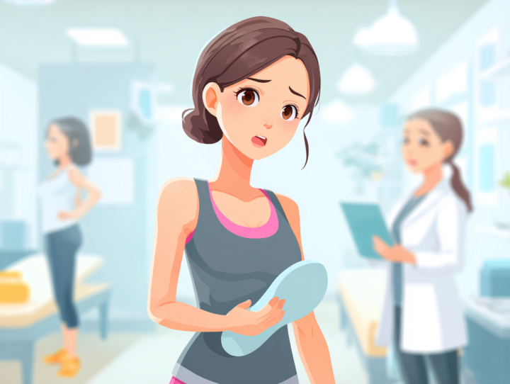 サポーターやインソールが必要か悩む女性。整体院の明るい室内で、スポーツウェア姿の女性がインソールを手に持ち、不安そうな表情をしている。背景には白衣の施術者がカルテを持って説明している様子が見える。足のサポートやインソール選びに関するイメージ