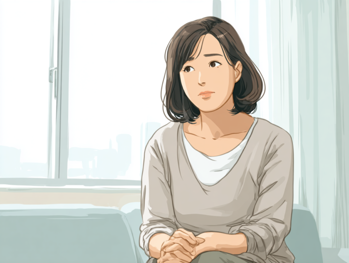 首や肩の不調に悩み、少し不安そうな表情で座っている日本人女性のイラスト。明るい窓際で静かに考えている様子を描いた、優しい雰囲気の整体カウンセリングイメージ