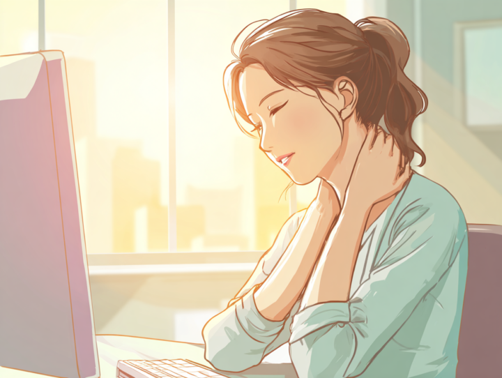 パソコン作業中に首のこりを感じている日本人女性のイラスト。デスクワークによる肩こりや姿勢の崩れが原因で、整体やストレッチによるケアが必要な状態。明るいオフィスの背景