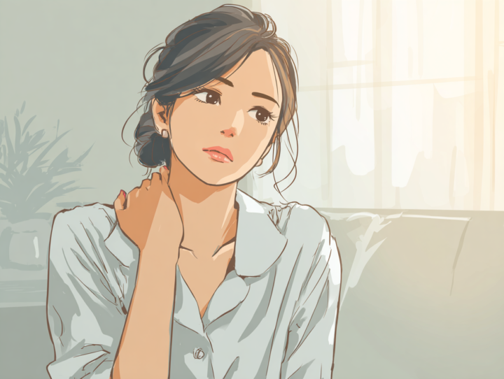 肩や首のこりを感じて自宅で悩む日本人女性のイラスト。長時間のデスクワークやストレスによる自律神経の乱れをイメージ
