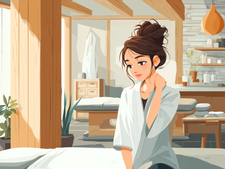 明るく清潔な日本の整体院で、首や肩に違和感を感じる日本人女性が自分の首に手を当てている様子。自然光が差し込む木目調の落ち着いた空間で、軽い不調を感じながらも安心感のある雰囲気