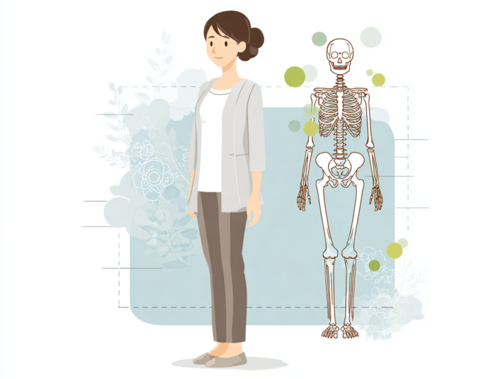 笑顔の日本人女性の横に骨格図が並ぶイラスト。正しい姿勢と骨格のバランスを表現し、整体や姿勢改善の重要性を伝える構図