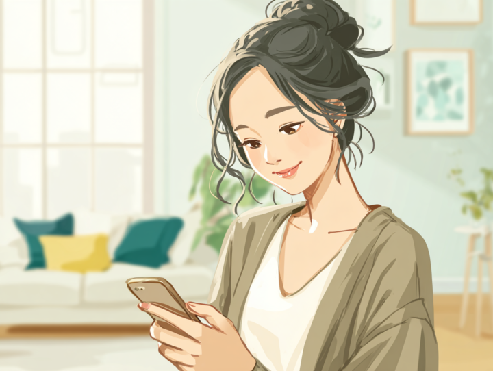 明るい部屋でスマートフォンからLINE予約をしている日本人女性。リラックスした表情で、整体院の予約を簡単に行う様子を描いたイラスト