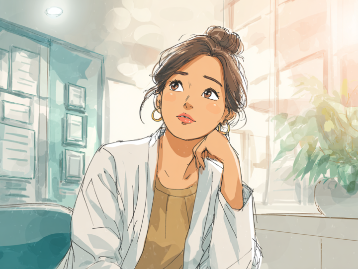 整体の通院頻度や施術効果について考える40代日本人女性のイラスト。明るい院内で少し不安そうに考え込む表情。整体やストレッチに関する疑問や相談をイメージしたシーン。