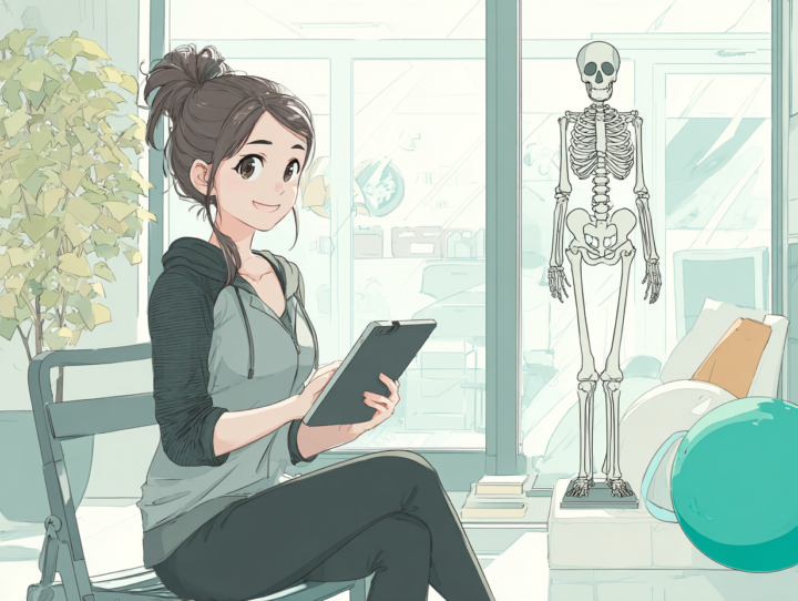 整体院でカルテを確認する笑顔の日本人女性スタッフ。明るい院内、骨格模型と観葉植物がある落ち着いた空間。姿勢や関節バランスを重視する整体の専門ケアをイメージしたイラスト。