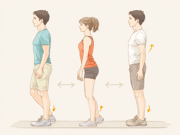 正しい姿勢と歪んだ姿勢の違いを示す日本人男女のイラスト。猫背や骨盤の傾きなど、姿勢改善や整体・ストレッチ指導に関する説明用画像