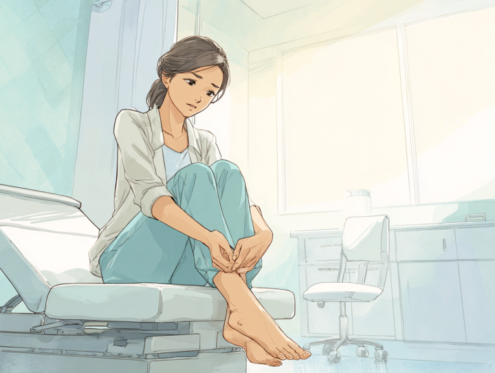 外反母趾の痛みに不安を感じながら、自分の足をそっと押さえて確認する日本人女性。明るく清潔な整体院の室内で、施術前の緊張感と安心できる雰囲気を表現したイラスト