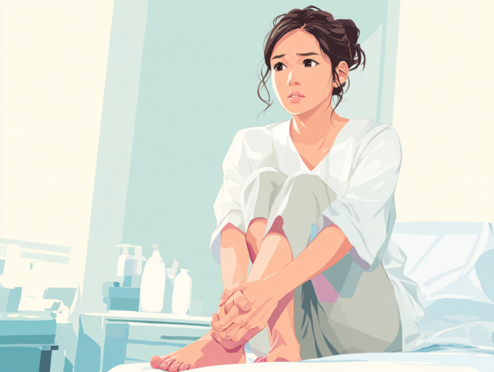外反母趾の痛みに悩む日本人女性が、明るい整体院のベッドに座って足を抱える様子。足の親指の変形や不安な表情から、外反母趾による痛みや不安を感じているシーンを描いた健康イラスト。