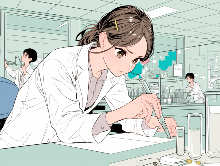 研究に没頭して猫背になっている女子大生