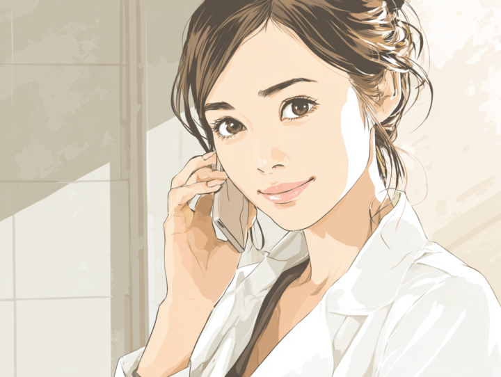 明るい背景で電話対応をしている女性スタッフの日本人イラスト、医療相談や健康保険に関する問い合わせのイメージ