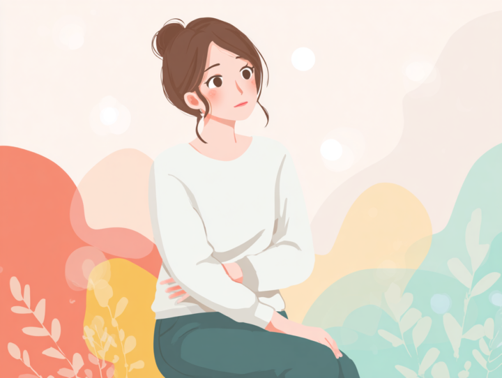 梨状筋症候群でお尻や腰の痛みに悩む日本人女性のイラスト。明るい背景に座って股関節まわりを気にする姿が描かれている