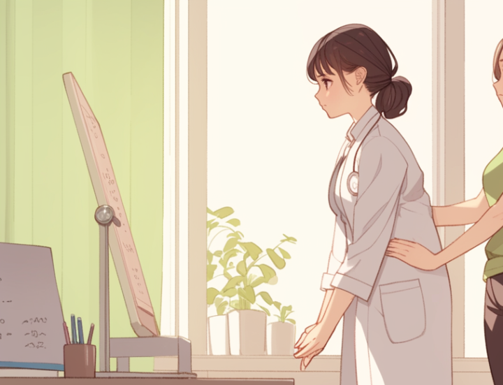 姿勢不良の状態を鏡でチェックしている