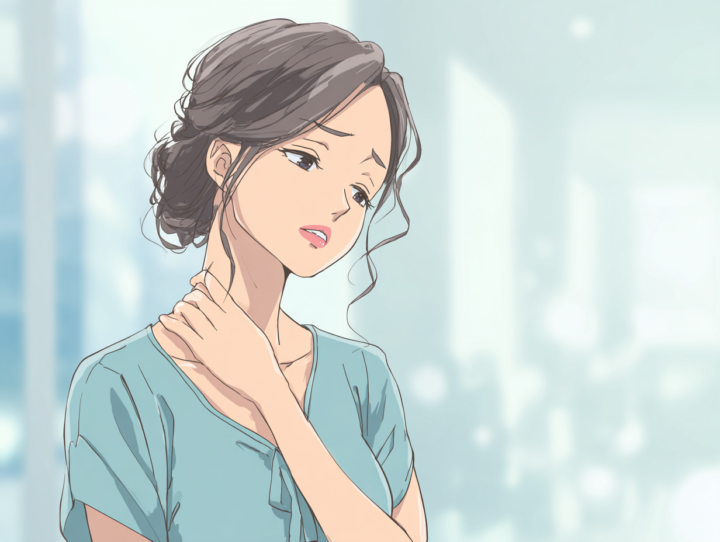 首や肩のこりに悩む日本人女性のイラスト。肩こりや首の痛み、自律神経の乱れなど、整体やストレッチの説明に使える画像