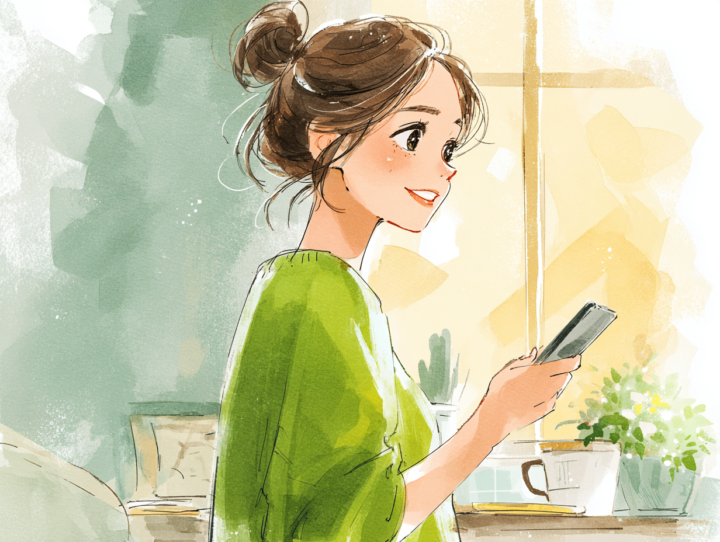 スマートフォンでLINE予約をする日本人女性。明るい光が差し込む部屋で整体院の予約を確認している様子を描いたイラスト。安心感のあるナチュラルな色合い。