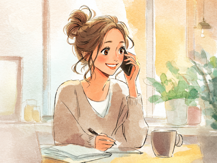明るい室内で電話予約をする日本人女性。整体院への予約を丁寧に行う様子を描いたやわらかい水彩風イラスト。リラックスした笑顔と温かい雰囲気が伝わる