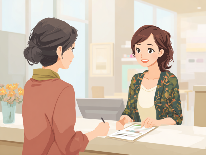 料金やコースの説明を受ける50代日本人女性のイラスト。明るく清潔な整体・フィットネス施設の受付で、スタッフが丁寧に案内している様子。安心感と信頼を感じるカウンセリングシーン
