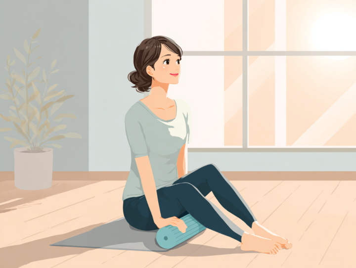 50代女性が自宅でフォームローラーを使って筋膜リリースを行っているイラスト。整体後のセルフケアやストレッチで体の回復を促す様子を表現