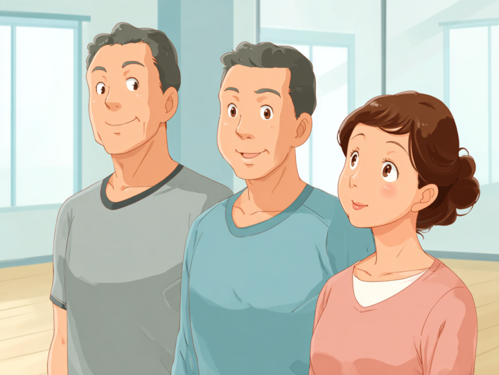 明るく清潔なスタジオで体験パーソナルトレーニングに参加する50代の日本人男女。興味を持って前向きな表情を見せる姿が印象的なイラスト。