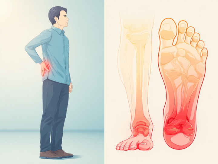 ぎっくり背中と足底筋膜炎を説明する日本人男性のイラスト。背中の痛みを押さえる姿勢と、足裏の炎症部位を示す明るい医療解説イラスト