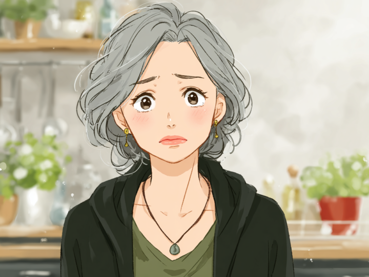 60代前半の日本人女性が体の不調や肩こりに悩んで不安そうな表情をしているイラスト。ねもと整体＆ストレッチスタジオでは、加齢による姿勢の崩れや体のこわばりを改善する整体・ストレッチを行っています。