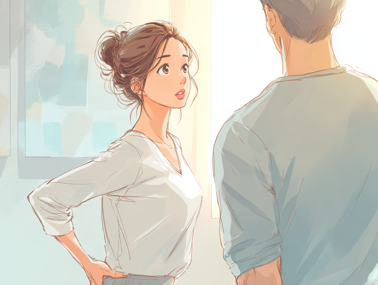 運動指導を受けて不安そうな表情を見せる日本人女性。男性トレーナーが姿勢を説明している明るいスタジオの様子。腰痛や首の痛みを予防する運動指導のイメージ