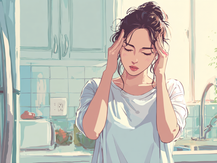 こめかみに両手を当てている40代の女性