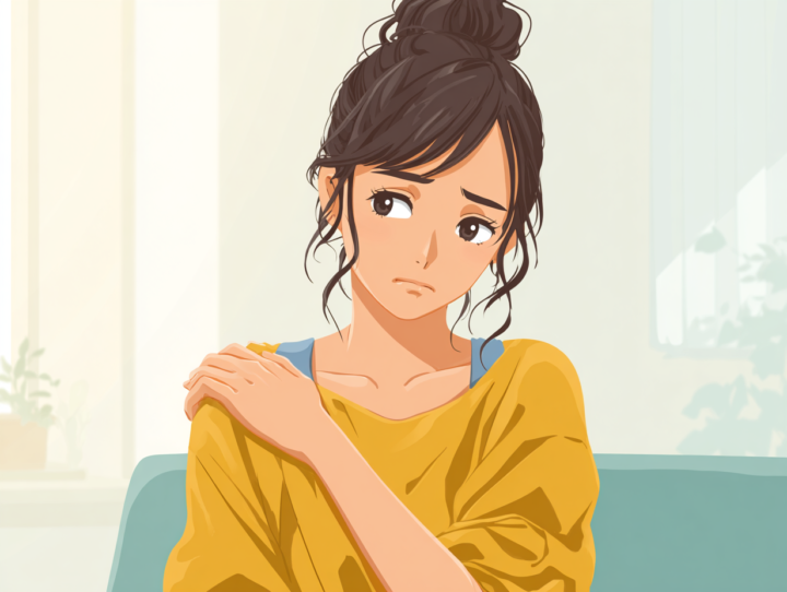 肩に手を添えて少し不安そうな表情をする日本人女性。整体の施術が痛くないか心配している様子を描いたイラスト