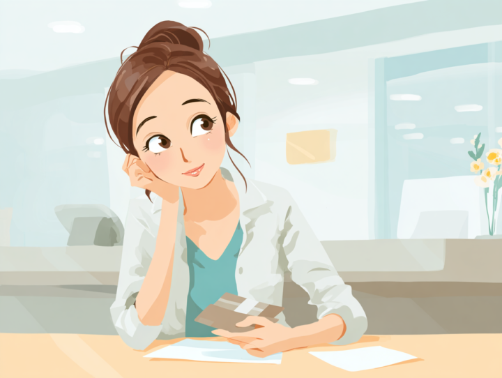 整体院の受付で保険証を持ちながら確認する日本人女性。保険が使えるかを質問しているシーン。明るく清潔な院内のイラスト
