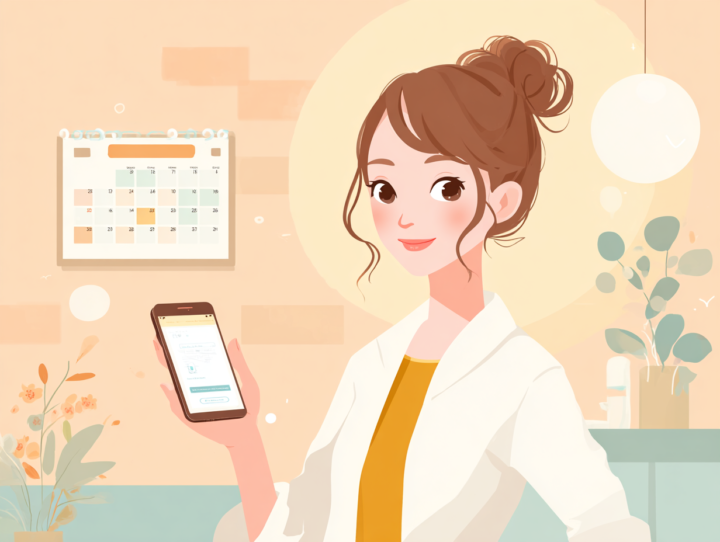 スマートフォンで整体院のWeb予約をしている笑顔の日本人女性。カレンダー画面を見ながら簡単に予約ができる便利なオンライン予約システムのイメージ