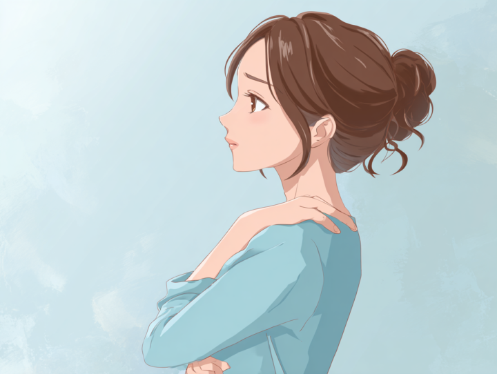 膜リリースが腰痛や首の痛みの予防になるのか疑問に感じている日本人女性のイラスト。首に手を当てて考える表情。明るい背景で健康や整体に関心を持つ人向けのイメージ